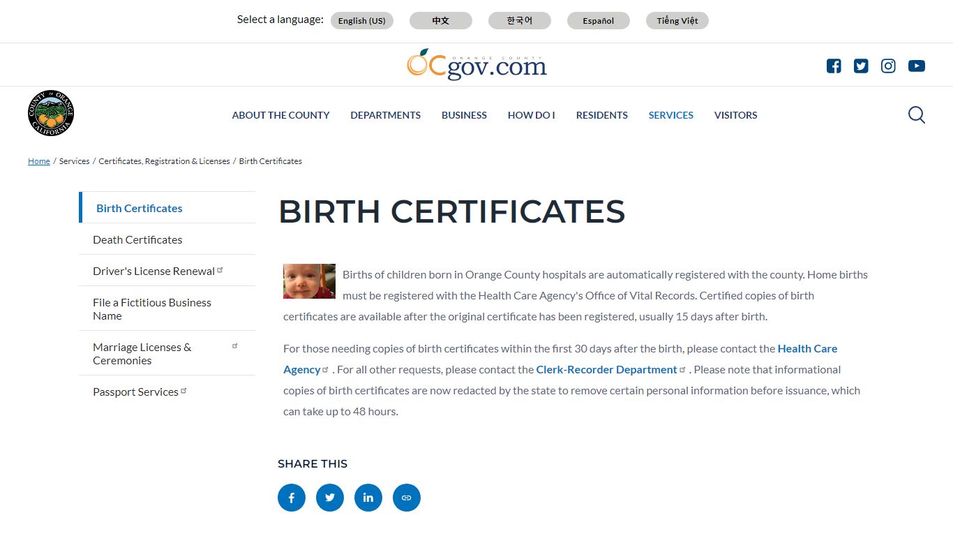 Birth Certificates | Orange County - Orange County, California